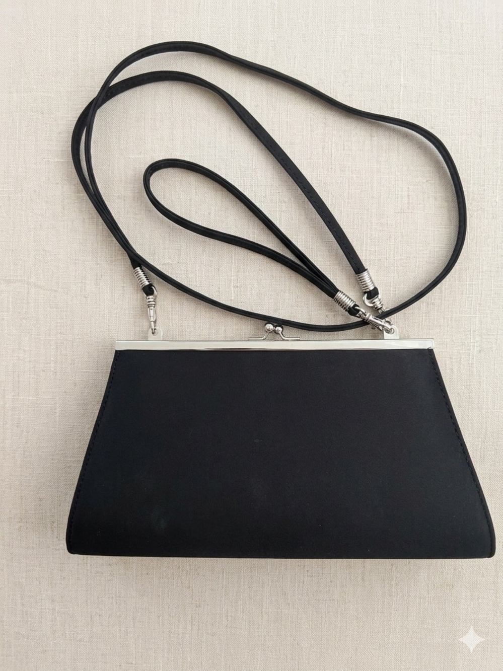 Vintage-Style Black Satin Trapezoid Clutch & Crossbody Bag